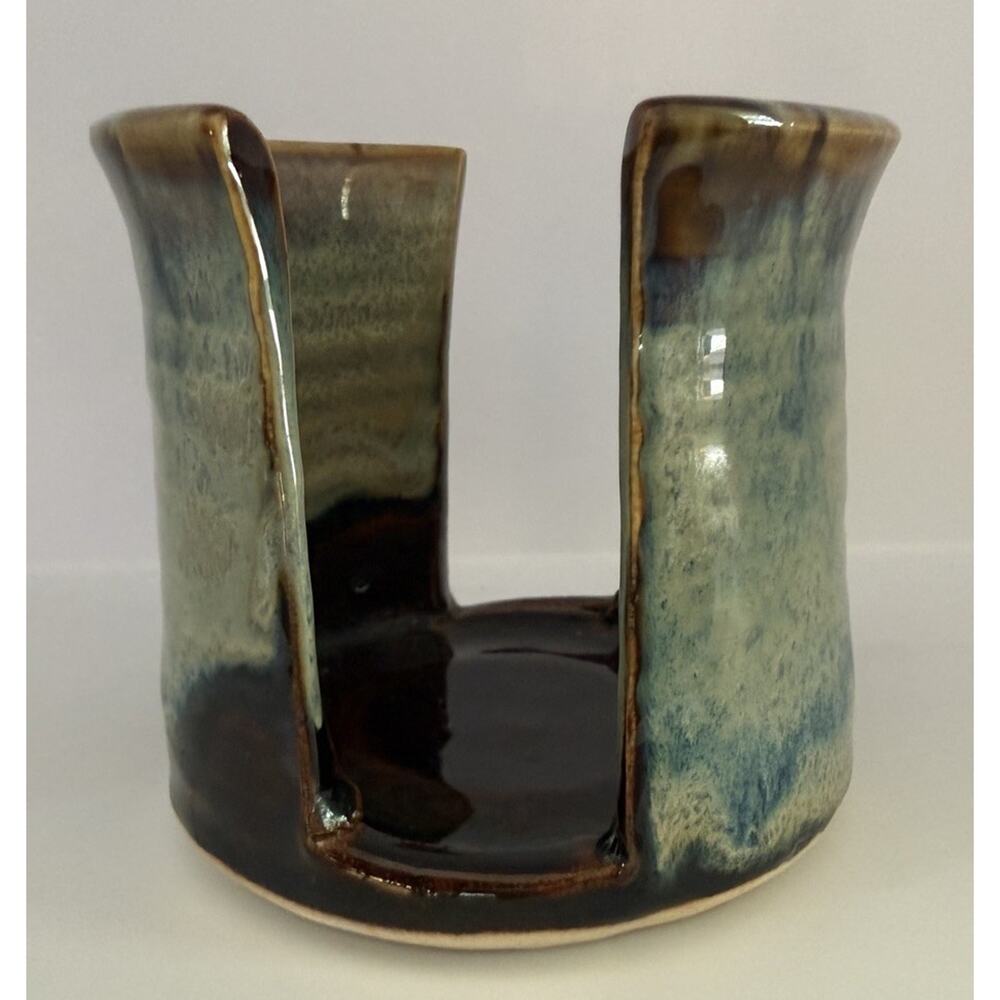 Studio Pottery Kitchen Sponge Holder For Sink Signed Blue Brown Drip Glaze
